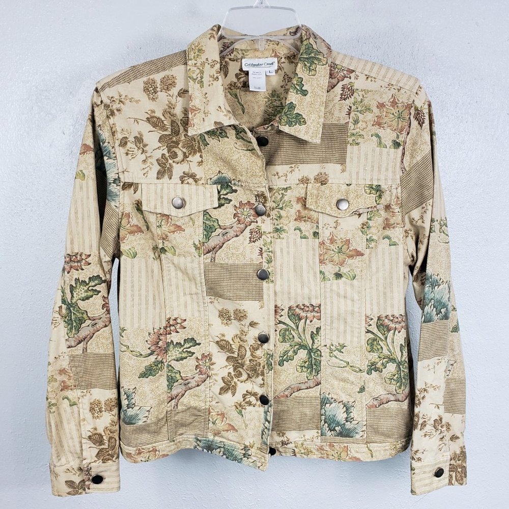 Coldwater Creek Women's Large Tan Floral Button Down Lightweight Coat Jacket